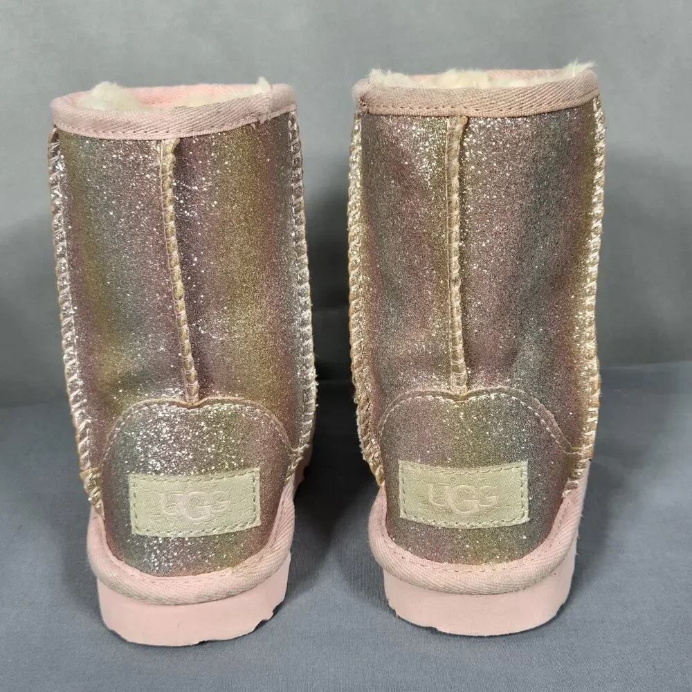 UGG Boots Girls Size 6 Pink Glitter UGGplush Shearling Lined Rainbow Winter